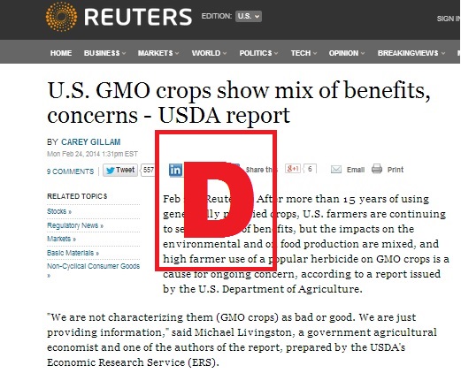 Academics Review grades Reuters coverage of USDA ERS GE Crop report D